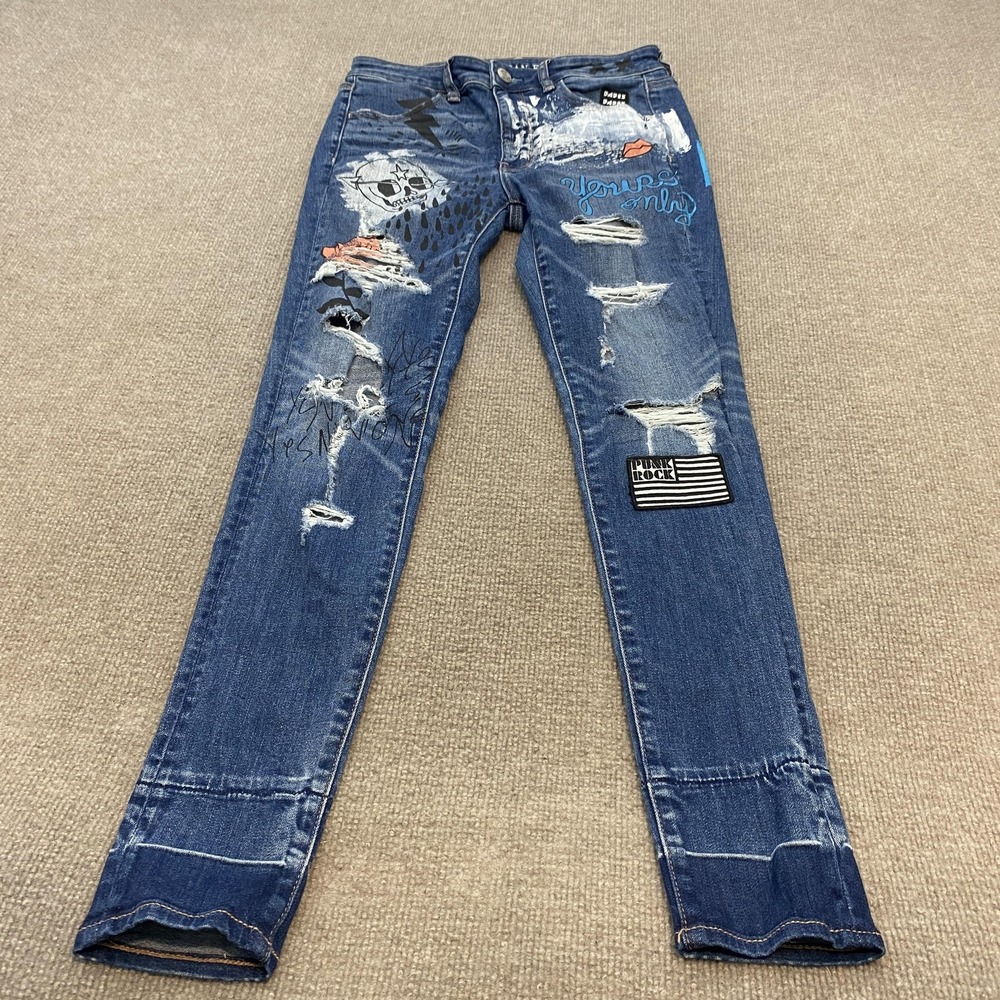 American Eagle Hi-Rise Jegging Jeans Womens 6 Blue Med Wash Ripped Graphic Punk